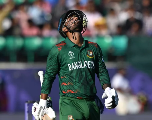 Bangladesh's Liton Das walks back to the pavilion after his dismissal against England during Tuesday’s World Cup match in Dharamshala Photo: AFP Liton