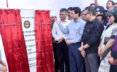 DSCC Mayor Barrister Sheikh Fazle Noor Taposh inaugurates the construction work of Dhaka city inter-district bus terminal at Kanchpur on Wednesday, August 9, 2023. Photo: Focus Bangla