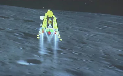 The Chandrayaan-3 spacecraft seconds before its successful lunar landing on the south pole of the Moon on August 23, 2023 Photo: AFP