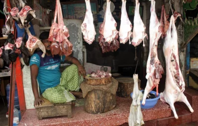 Sellers showcasing a variety of meat item for sale at a kitchen market in Dhaka on Friday, August 25, 2023. Photo: Focus Bangla