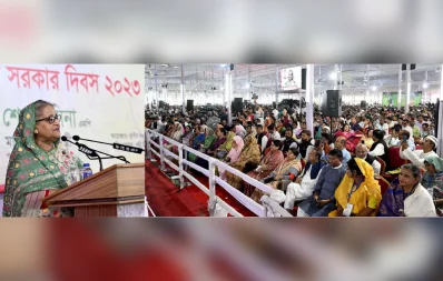 Prime Minister Sheikh Hasina addresses a program on the premises of Ganabhaban in Dhaka on Thursday, September 14, 2023. Photo: PID