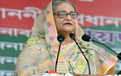 Prime Minister Sheikh Hasina addresses a grand rally organized by Dhaka North City unit Awami League at Civil Aviation ground in Dhaka on Saturday, October 14, 2023. Photo: PMO