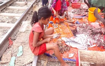 Children scaling fish at a market. Photo: Famiha Suhrawardy/Dhaka Tribune