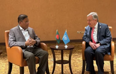 Foreign Minister Dr Hasan Mahmud holds a meeting with United Nations Secretary General Antonio Guterres in Uganda on the sidelines of the NAM summit on Sunday, January 21, 2024. Photo: Courtesy