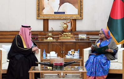 The image shows Prime Minister Sheikh Hasina and KSA Ambassador to Bangladesh Essa Yousef Essa Alduhailan at a meeting in Ganabhaban on Tuesday, January 23, 2024. Photo: PID