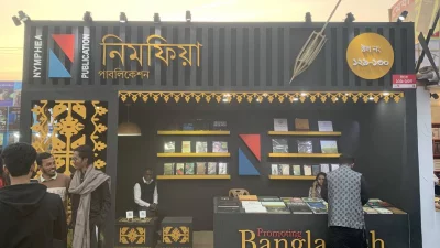 Nymphea Publication decorates its stall with the theme of the glorious fabric of Bangladesh: Jamdani Sari. Photo: Dhaka Tribune