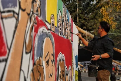 The image shows the last-minute preparation at Dhaka University campus on Tuesday, February 20, 2024, centring International Mother Language Day. Photo: Ahadul Karim Ahad/Dhaka Tribune