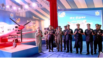 Prime Minister Sheikh Hasina unveils the second prototype of the Bangabandhu Basic Trainer (BBT) during the Military Hardware Display 2024 on Sunday, March 24, 2024. Photo: PID