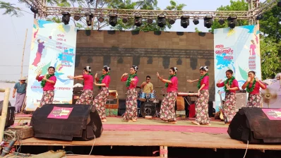 The image shows young girls wearing traditional dress dancing at Sangrai Festival which is held in Bandarban on Monday, April 15, 2024. Photo: Dhaka Tribune