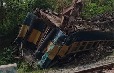 The image shows the aftermath of the train derailment in Gazipur on Friday, May 3, 2024. Photo: Dhaka Tribune