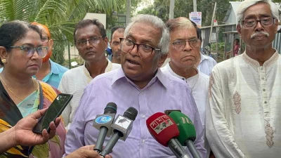Rana Dasgupta, general secretary of Bangladesh Hindu Buddhist Christian Oikya Parishad, talks to reporters in Gopalganj on Saturday, June 8, 2024. Photo: Dhaka Tribune