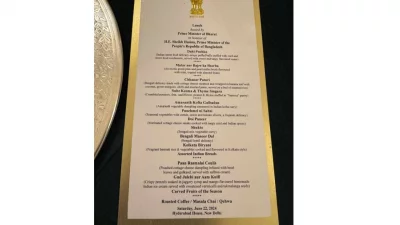 The image shows the lunch menu at the banquet luncheon hosted by her Indian counterpart Narendra Modi at Hyderabad House in New Delhi of India on Saturday, June 22, 2024. Photo: Collected