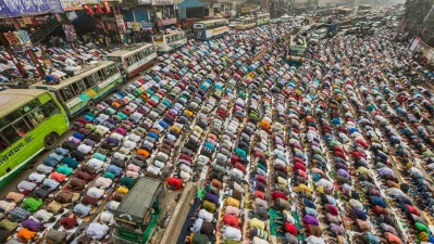 The image shows Jumma Prayers during Bishwa Ijtema on the Dhaka-Mymensingh highway at Tongi. Photo: Mostafigur Rahmann