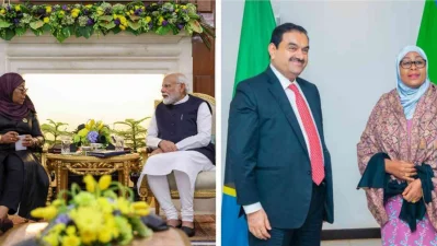 Left to right: Modi with the Tanzanian President Samia Suluhu in Delhi and Gautam Adani with Suluhu in June 2024. Photo: X