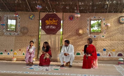 Happy Soren, a Santal village tour guide speaking at the launch event of Otithi a Brac initiative of community based tourism. Photo: Reaz Ahmad and Brac