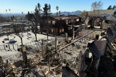 An overhead pole camera image shows wildfire damage to the Saint Marks Episcopal Church destroyed by the Eaton Fire in Altadena, California, on January 14, 2025. Photo: AFP