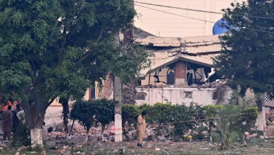 A damaged building of the Government Health and Educational complex is seen after Indian strikes in Muridke, about 30 kilometres from Lahore, on May 7, 2025. Photo: AFP