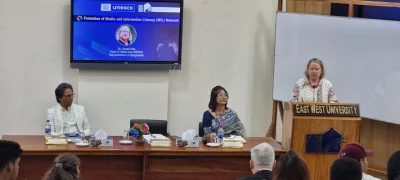Dr Susan Vize, Unesco representative to Bangladesh, highlights Unesco’s role in advancing Media and Information Literacy during the workshop held after the inaugural MIL network meeting at East West University. Photo: Courtesy