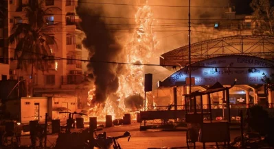 A fire broke out at a CNG filling station in the Mohakhali area of the capital on Sunday evening. Photo: Courtesy of Fariad Ahsan