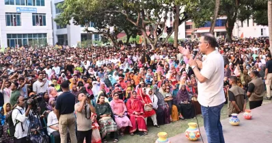 Prime Minister Tarique Rahman addresses a rally at Mawlana Bhashani Science and Technology University in Tangail on Tuesday, April 14, 2026. Photo: PID