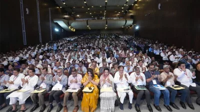 Participants attend an exchange meeting with BNP affiliated organizations at Krishibid Institution Bangladesh in Dhaka, on May 9, 2026.
