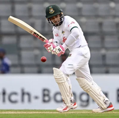 Mushfiqur Rahim takes a shot on Day 3 of Sylhet Test on Monday. Photo: AFP