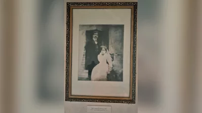 This framed historic photograph features Sir Jagadish Chandra Bose alongside his wife, Lady Abala Bose. This photograph was taken during their travels to the West around 1900, the same year Sir J.C. Bose presented his groundbreaking research on the responses of inorganic and living matter at the International Congress of Physics in Paris