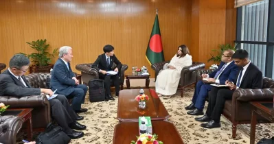 Japan International Cooperation Agency President Dr Tanaka Akihito and Parliamentary Vice-Minister Shimada Tomoaki meet State Minister Shama Obaed Islam in Dhaka on Wednesday, July 1, 2026. Photo: Courtesy
