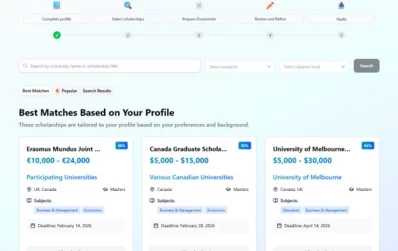 Scholarship match page in Scholartrack.ai