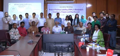 Speakers address a journalists two days workshop on Front-of-Package Labelling (FOPL) at the BMA Bhaban in Dhaka on Wednesday, July 15, 2026. Photo: Courtesy