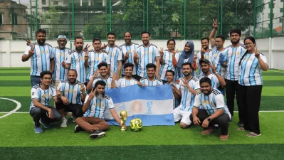 Argentina supporters from Dhaka Tribune and Bangla Tribune celebrate after securing a 3–0 victory over the Brazil camp in a friendly football match at Go Seven Turf in Mohammadpur. Photo: Abir Ahmmed Shupto/Dhaka Tribune