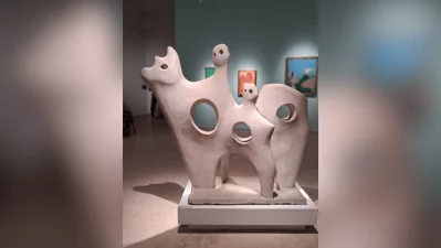 Novera Ahmed`s famous masterpiece, `Cow with Two Figures` on display at the Bangladesh National Museum. Sculpted in cement in 1958, this iconic artwork is widely celebrated as the first-ever open-air public sculpture created in Bangladesh (then East Pakistan). Photo: Collected/Dhaka Tribune