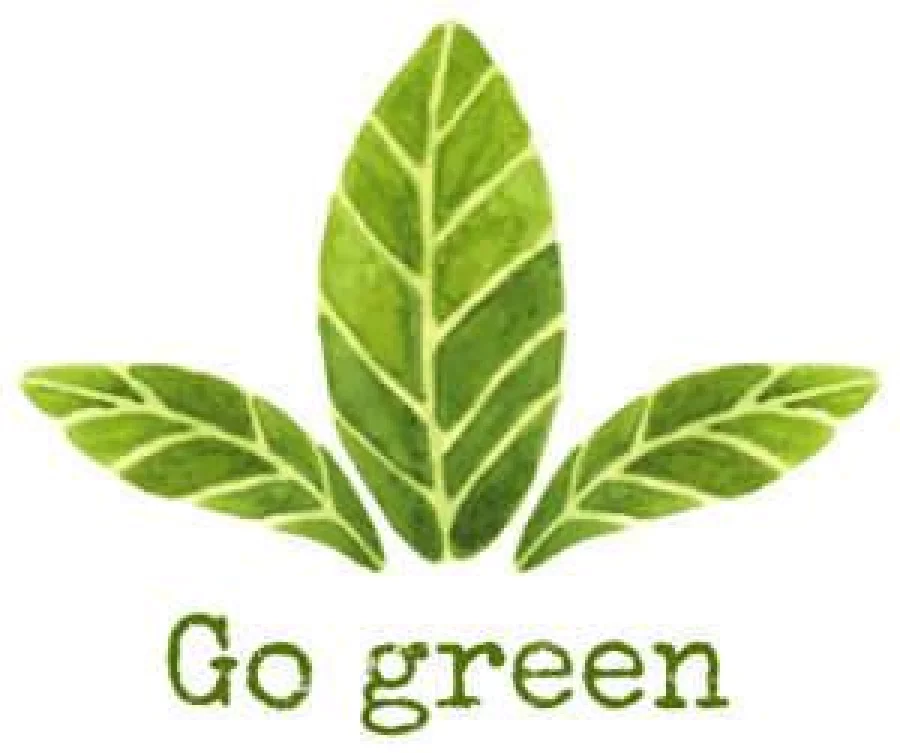 Ecological concept. Hand painted watercolour illustration of three green leaves on isolated background and "go green" text. Grunge texture was used on the text. These leaves also can perform as green tea or bay leaves.
