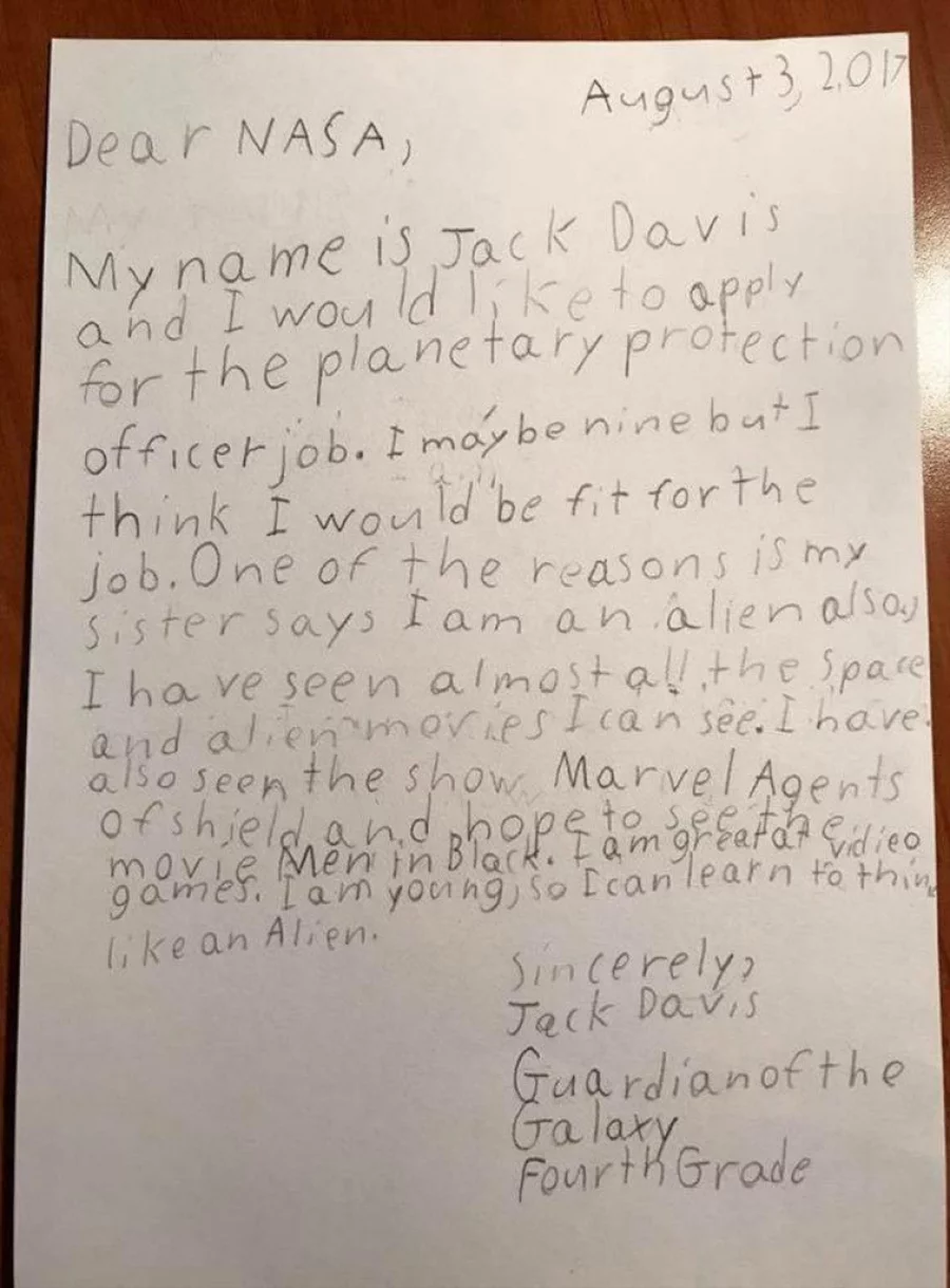 The nine-year-old's letter to Nasa explaining why he should be hired as a guardian of the galaxy Nasa