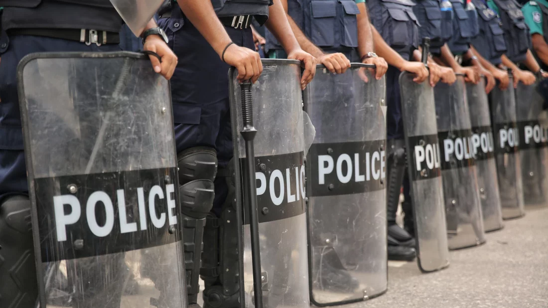 Members of the Bangladesh police hold riot shields. Photo: Ahadul Karim Khan/Dhaka Tribune