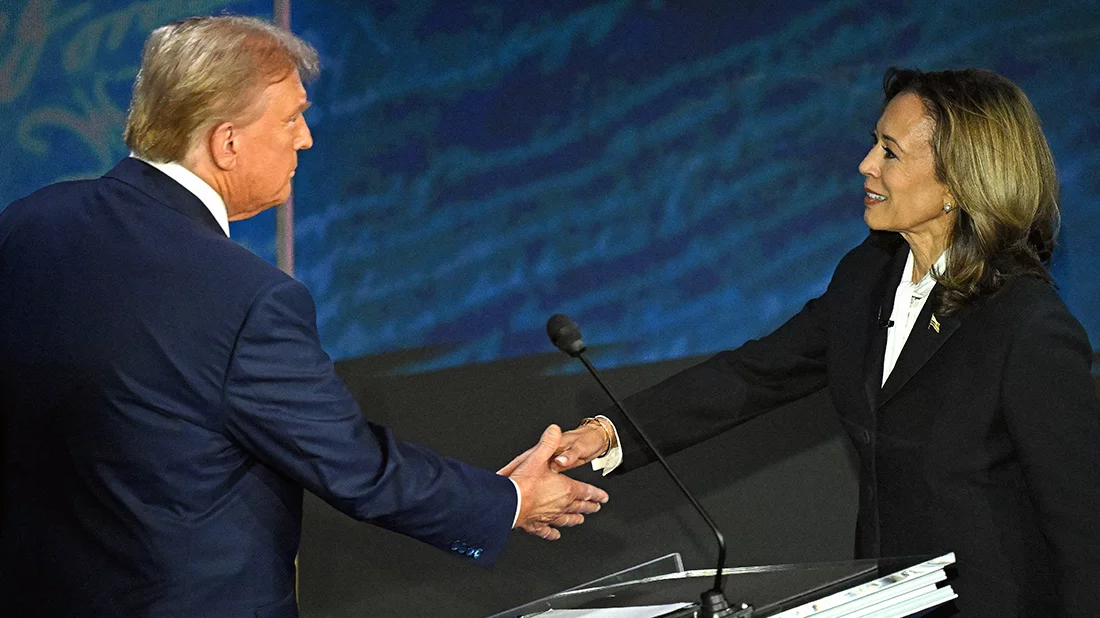 US Vice President and Democratic presidential candidate Kamala Harris (R) shakes hands with former US president and Republican presidential candidate Donald Trump during a presidential debate at the National Constitution Center in Philadelphia, Pennsylvania, on September 10, 2024. Photo: AFP