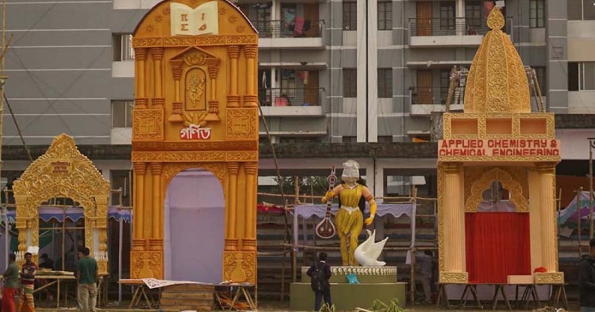 Dhaka University students prepare for Saraswati Puja with 76 pavilions