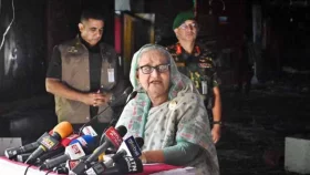 PM visits rampaged BTV Bhaban, urges citizens to help bring culprits to justice