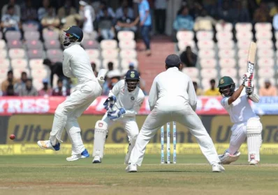 Bangladeshs Mehedi Hasan Miraz plays a  shot on the fifth day of a solo Test match between India and Bangladesh at the Rajiv Gandhi International Cricket Stadium  on February 13, 2017. AFP
