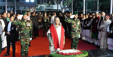 Prime Minister Sheikh Hasina places floral wreath in front of the portrait of Father of the Nation Bangabandhu Sheikh Mujibur Rahman at Dhanmondi 32, Dhaka to mark the Victory Day of Bangladesh | Focus Bangla