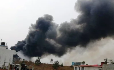 Smoke rises following the crash of a Bangladeshi aircraft at Kathmandu airport, Nepal March 12, 2018 in this picture obtained from social mediarnRuters