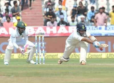 Indias Cheteshwar Pujara plays a shot in the second innings on the fourth day of a solo Test match between India and Bangladesh at the Rajiv Gandhi International Cricket Stadium  on February 12, 2017AFP