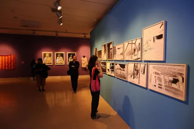 A visitor looks at some of the paintings on display at the Dhaka Art Summit | Syed Zakir Hossain/Dhaka Tribune