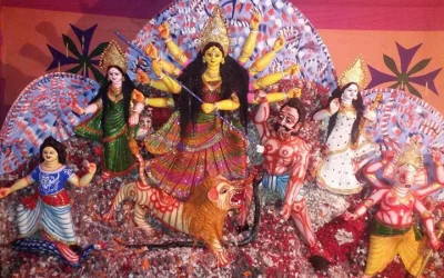 An installation of goddess Durga, astride a lion killing a demon, is accompanied by her four children: Lakshmi, Saraswati, Karthik and Ganesh in Gopalganj | Manoj Kumar Saha/Dhaka Tribune