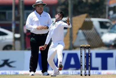 Bangladesh cricketer Mehedi Hasan delivers a ball on the first day of the opening Test match between Sri Lanka and Bangladesh at the Galle International Cricket Stadium in Galle on March 7, 2017  AFP