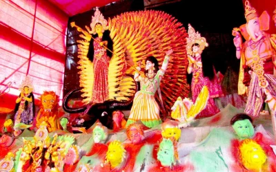 A Durga Puja mandap in Noakhali, depicting Goddess Durga, astride a lion killing the buffalo demon Mahesha and flanked by her four children | Ranjit Chandra Kuri/Dhaka Tribune 