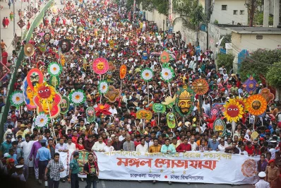 Pohela Boishakh - Thousands of people from all walks of life take part in the Mongol Shobhajatra procession on the Dhaka University Campus on April 14, 2017. The Faculty Fine Arts has been organising the colourful procession since 1989. . SYED ZAKIR HOSSAIN/DHAKA TRIBUNE