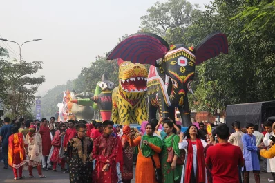 Pohela Boishakh - A woman takes a selfie at the Mongol Shobhajatra, organised by the Faculty of Fine Arts, on the Dhaka University campus to welcome the new Bangla year on April 14, 2017. SYED ZAKIR HOSSAIN/DHAKA TRIBUNE