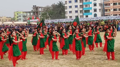 Young girls bring out flag procession at a stadium in Brahmanbaria | Ujjal Chakraborty/Dhaka Tribune
