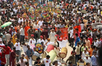 Beating the rhythm of the dhol and dancing to the festive tune, the Mongol Shobhajatra starts on the premises of Dhaka University to welcome Pohela Boishakh in 2008
